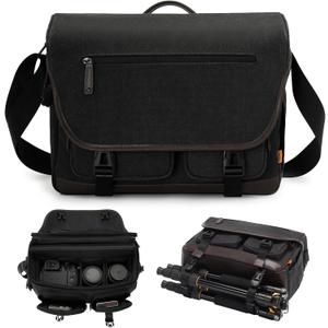 Cwatcun Camera Messenger Bag, Vintage Canvas Flap Camera Bag for Photography with Tripod Holder, DSLR/SLR/Mirrorless Camera Case Professional, Camera Shoulder Bag Compatible with Canon/Nikon/Sony-L