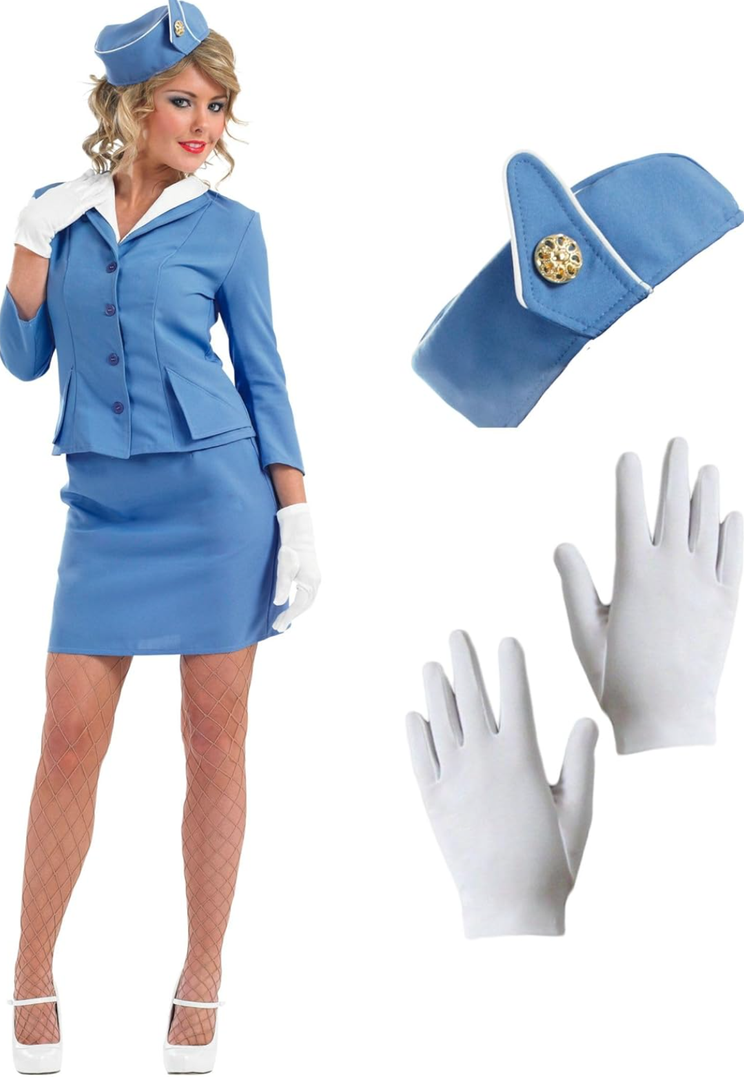fun shack Flight Attendant Costume Women Blue, Retro Airline Stewardess Outfit with Hat & Gloves Size M