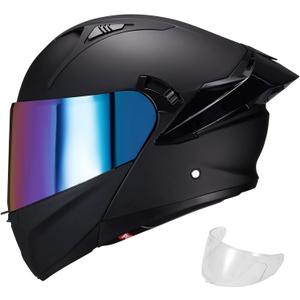 Modular Motorcycle Helmet Dual Visor Flip Up Full Face Helmets SJ-809 DOT Approved for Adults Men Women (Matte Black-Rainbow Visor, M)