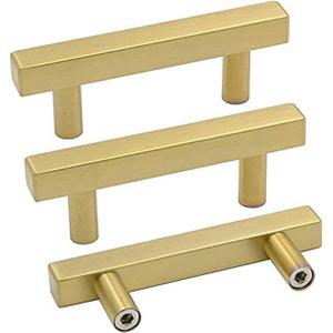 goldenwarm Brushed Brass Cabinet Pulls Gold Kitchen Cabinet Hardware - LS1212GD64 Euro Style Bar Handle Pull Gold Cupboard Door Handle 2-1/2" (64mm) Hole Centers,4" Overall Length 10 Pack