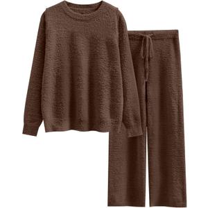 ANRABESS Women's Fuzzy Fleece Pajama Sets 2 Piece Outfits Long Sleeve Top Wide Leg Pants Lounge Matching Set 2025 Fall Winter (Brown, L)