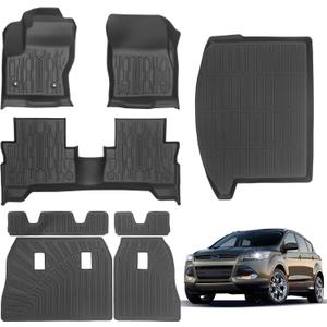 Car Floor Mats for Ford Escape 2013-2019 with Cargo Liner and Backrest Mat TPE All Weather Protection Custom Fit Anti-Slip Waterproof Heavy Duty Interior Accessories Black
