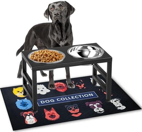 ADENGL Metal Raised Dog Bowl, 10" Tall Elevate Dog Feeder Stand with 2 Stainless Steel 42oz Bowls & 16x24 Non-Slip Mat – Stronger Dogs Food & Water Bowl Stand (Black)
