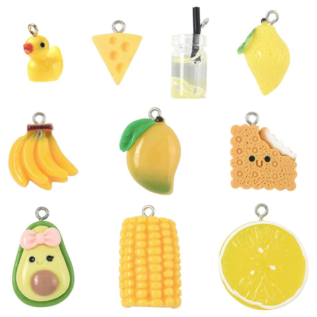 MakemadeDIY 10Pcs Banana Lemon Fruit Food Resin Charms 10 Styles Cute Yellow Glass Bottle Mango Kiwi Pendant Charms for Jewelry Making Crafting Bracelets Necklaces Earrings Keychain Gift