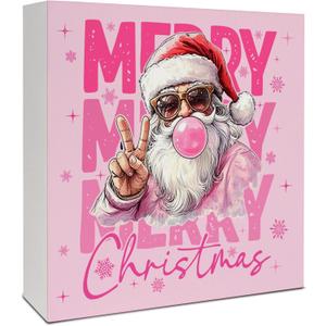 Pink Christmas Santa Wooden Box Sign, Pink Christmas Decorations, Preppy Girly Xmas Holiday Wood Signs for Bedroom Dorm Home Office Desk Table Shelf Decorations, 5x5 Inch