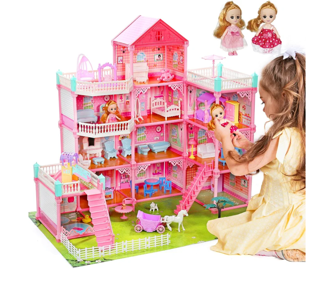 Huge Dollhouse for Girls – Large Pretend Play Doll House for Kids with Dolls, Furniture
