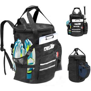 MDSTOP Baseball Bucket Bag, Baseball Coach Accessories Storage Pouch, Softball Bucket Bag, Non-slip Bottom, Multiple Pockets for Bats, Caps, Water Cups, Gloves and Scoreboards