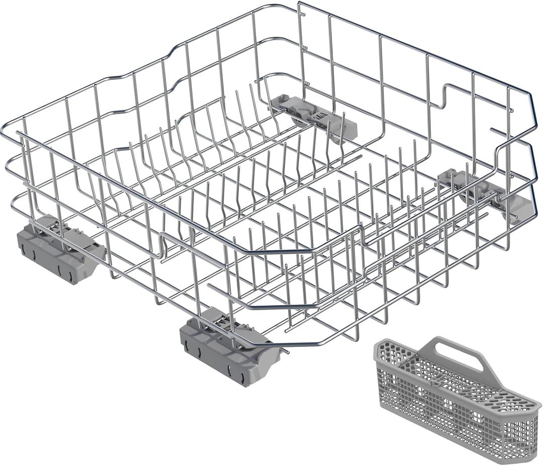 UPGRADED 304 Stainless Steel WD28X26099 WD28X24396 Dishwasher Lower Rack Replacement Compatible with GE Dishwasher Rack Parts with WD28X27241 Wheel & WD28X10128 Universal Dishwasher Silverware Basket