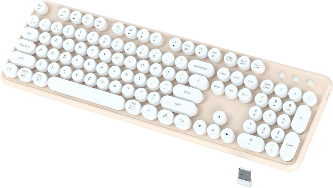 JAMfit Wireless Keyboard 2.4G and Bluetooth Cute Round Keycaps Retro Typewriter Flexible Keys Full Size Keyboard, Ergonomic Compatible with Mac, Windows, iOS, Android((Milk Tea-White)