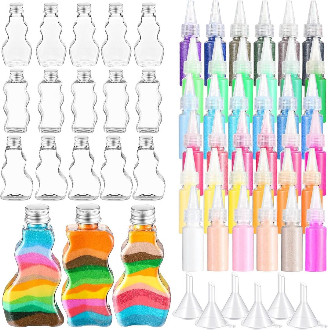 Vertintong 60 Pcs Sand Art Bottles Kits Include 18 Pcs Wave Shaped Sand Bottles 36 Pcs Art Sand and 6 Pcs Funnels Sand Art Containers for Kids DIY Activity Party Favor Craft Collection