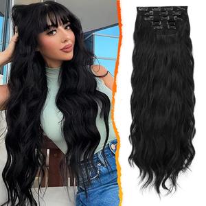 BARSDAR Black Wavy Clip in Hair Extensions - 20 Inch Long Wavy Clip in Hair Extensions for Women, 5 PCS Soft Synthetic Natural Looking Black Curly Hairpieces Voluminous Easy Wear Daily Party