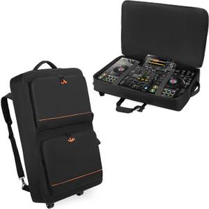 Rexmica DJ Controller Bag Backpack with Wheels Compatible with Pioneer XDJ RX2/ XDJ RX3/ XDJ-RX/DDJ FLX10/ DDJ REV7/ DDJ 1000, Wheeled DJ Carrying Case with 2 Accessory Pocket, Padded DJ Mixer Bag