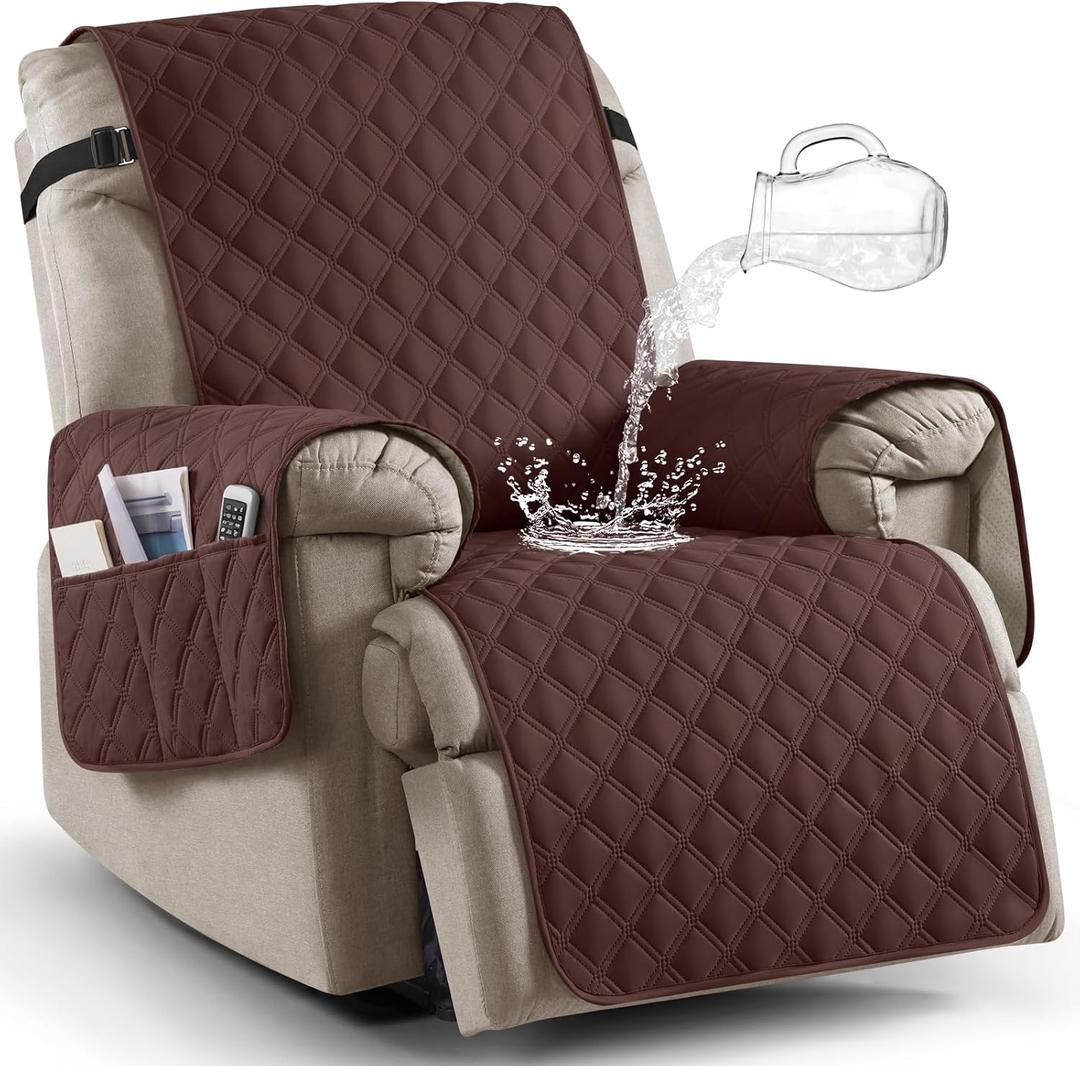 Ruaozz 100% Waterproof Recliner Chair Covers, Non-Slip Reclining Covers for Recliner Chair Washable Chair Cover, Recliner Covers with Pockets for Kids, Dogs, Pets (Coffee, 23'')