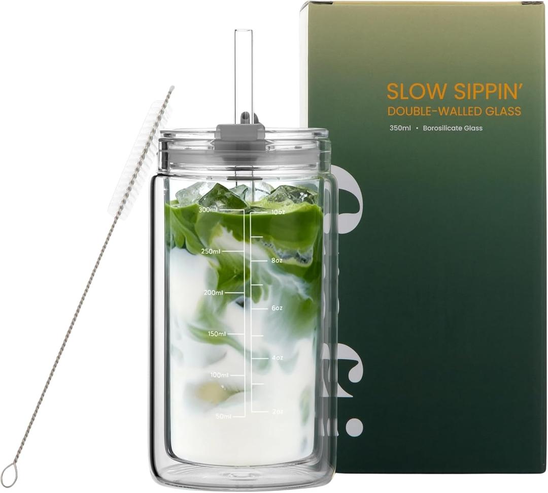 Crafti Slow Sippin' Glass Tumbler with Straw & Lid 11.8oz / 350ml Double-Walled Glass Coffee Cup, Matcha Cup with Volume Markings, Tritan Straw & Cleaner Reusable, BPA-Free Iced Coffee Tumbler