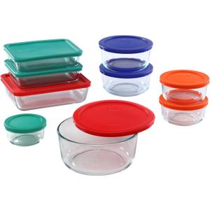Pyrex Pyrex 1110608 781147970080 18piece glass food storage set with multicolor lids clear, 1.9 Pound