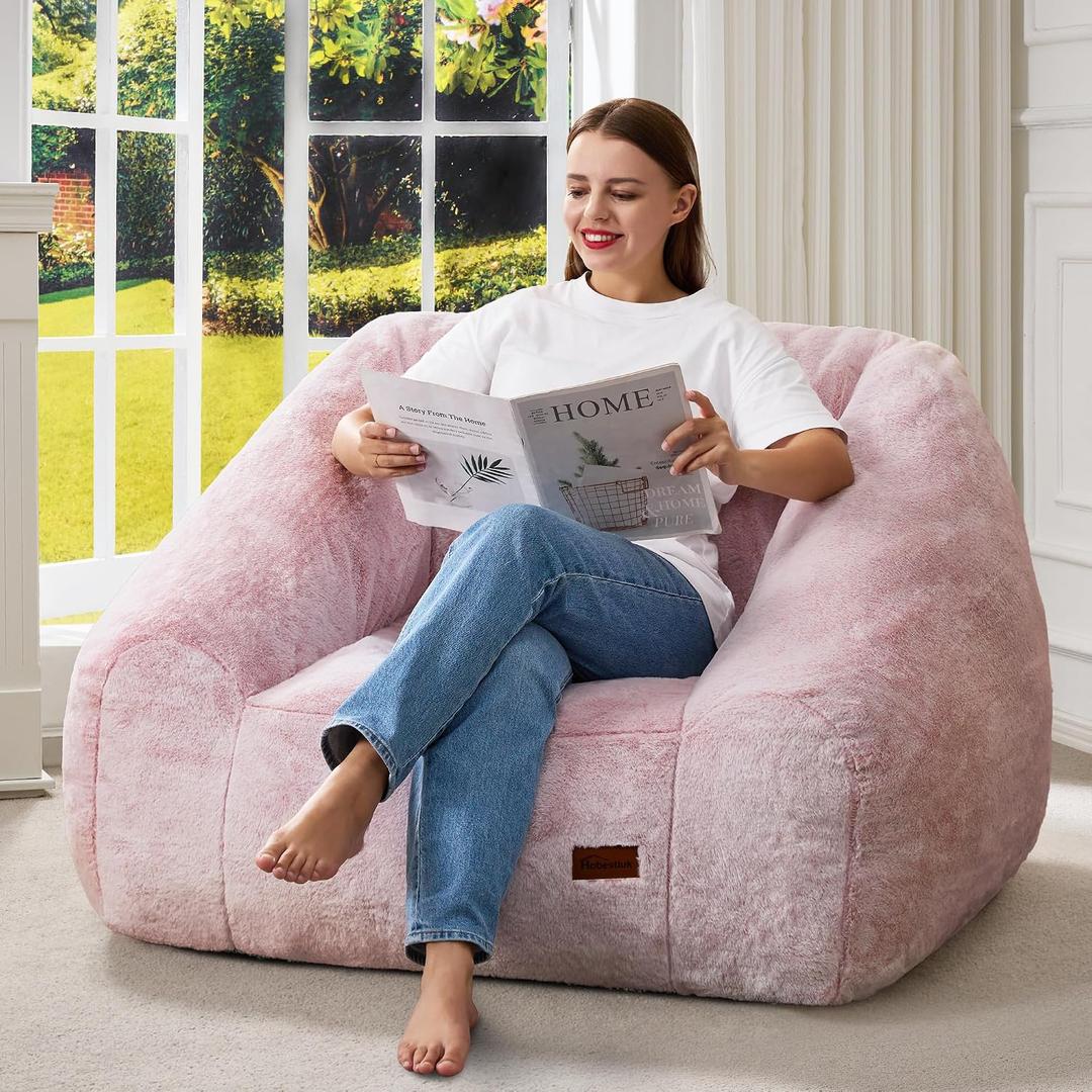 Hobestluk Giant Bean Bag Chair Memory Foam Filled Sofa Chair Bean Bag for Adults/Teens/Kids, Oversized Lazy Accent Comfy Stuffed BeanBag Sofa for Living Room Bedroom Dorm Reading(Light Pink)