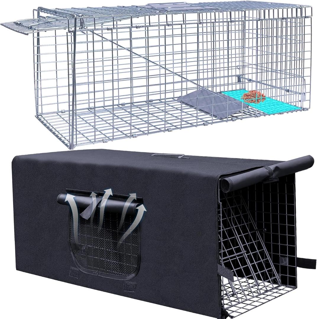 Live Animal Trap Cage with Cover, Cat Trap for Stray Cats 32 Inch Heavy Duty Folding Skunk Traps with Real Door for Raccoons, Opossums, Groundhogs, Skunks, Feral Cats, Squirrels- (32 x 10 x 12 inches)