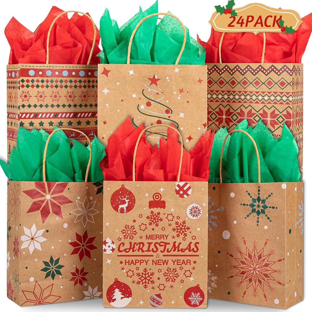 24 Christmas Kraft Gift Bags with 24 Tissue Papers, 7 x 8.6 x 3 Holiday Goody Bags with Handles, Xmas Treat Bags for Party Favors, Classroom Exchange, Present Wrapping