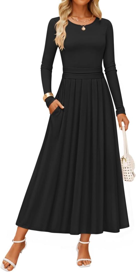ZESICA Women's Elegant Long Sleeve Maxi Dress 2026 Spring Crewneck Knit High Waist Pleated Flowy A Line Casual Party Dresses 