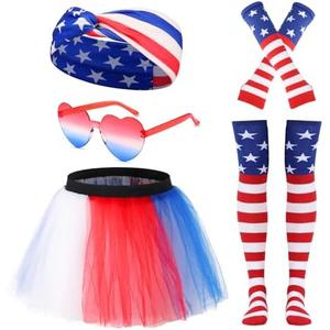 Ibeauti Women 4th of July Costume Accessories USA Flag Tutu Skirt Glasses Flag Headband Striped Arm Warmer Stockings