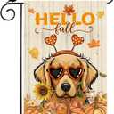 2 x Hello Fall Wood Watercolor Dog Sunflowers Pumpkins Maple Leaves Autumn Garden Flag Yard Flag 12x18 Inch Double Sided Small Mini Yard Outdoor Outside Farmhouse Holiday Decoration