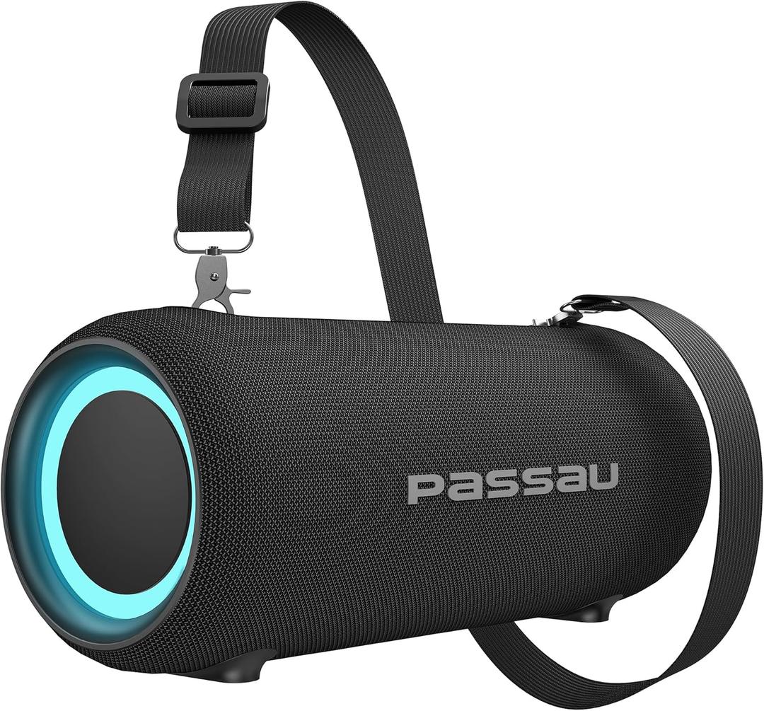 Passau Portable Bluetooth Speakers Loud 40W Peak Stereo Sound, Passive Radiators-Deep Bass, All Day Playtime, Adjustable Strap, BT5.3, IPX5 Wireless Speaker RGB Lights for Indoor Outdoor (Black)