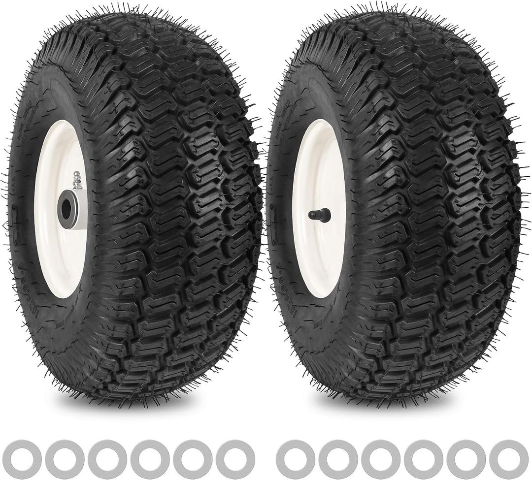 15x6.00-6nhs Lawn Mower Front Tire 4 Ply Tubeless 15x6x6 Lawn Mower 570 Lbs Tire and Wheel with 3/4" Bushing and 12 Spacers, Replacement for Garden Lawn Tractor Riding Lawn Mower, 2 Pack