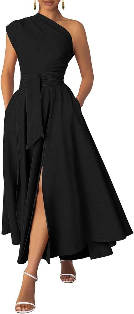 Ekaliy Women's One Shoulder Belted Maxi Dress Long Formal Wedding Guest Dress with Pockets (XX-Large, Black)
