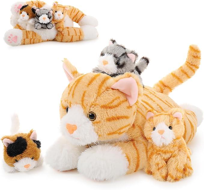 Muiteiur 4 Piece Cat Stuffed Animals, 15.7 inch Mom Plush Cat with 3 Kittens Stuffed in Zipper Pouch, Cute Yellow Mom and Baby Stuffed Cats for Kids Girls Boys (Yellow Cat)