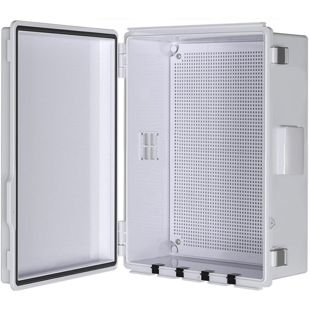 Electrical Junction Box, Ventilated Design, Cable Grommets, Indoor/Outdoor Use with Mounting Panel & Hinged Cover. Waterproof IP 65. (Grey Cover, 13.8"x9.7"x5.9")