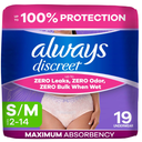 Always Discreet Adult Diapers for Women, Incontinence Underwear, Postpartum Essentials, Disposable Briefs, Max Absorbency, Bladder Leak Protection, Small/Medium, 19ct