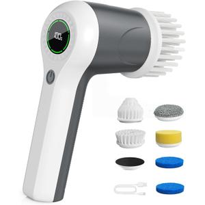 PUFTEM Electric Spin Scrubber, Cordless Shower Scrubber with Battery Level Display, 2 Speeds Electric Scrubber for Cleaning with 6 Replaceable Heads, Cleaning Brush for Bathroom/Sink/Window (Gray)