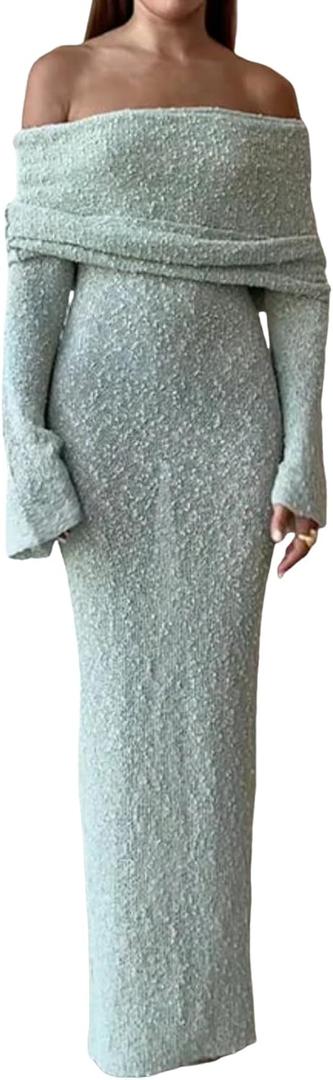 Unybwonn Sexy Off Shoulder Crochet Maxi Dress for Women Bodycon Stretchy Mesh Knit Dress Long Sleeve Party Wrap Dresses (Medium, Green)
