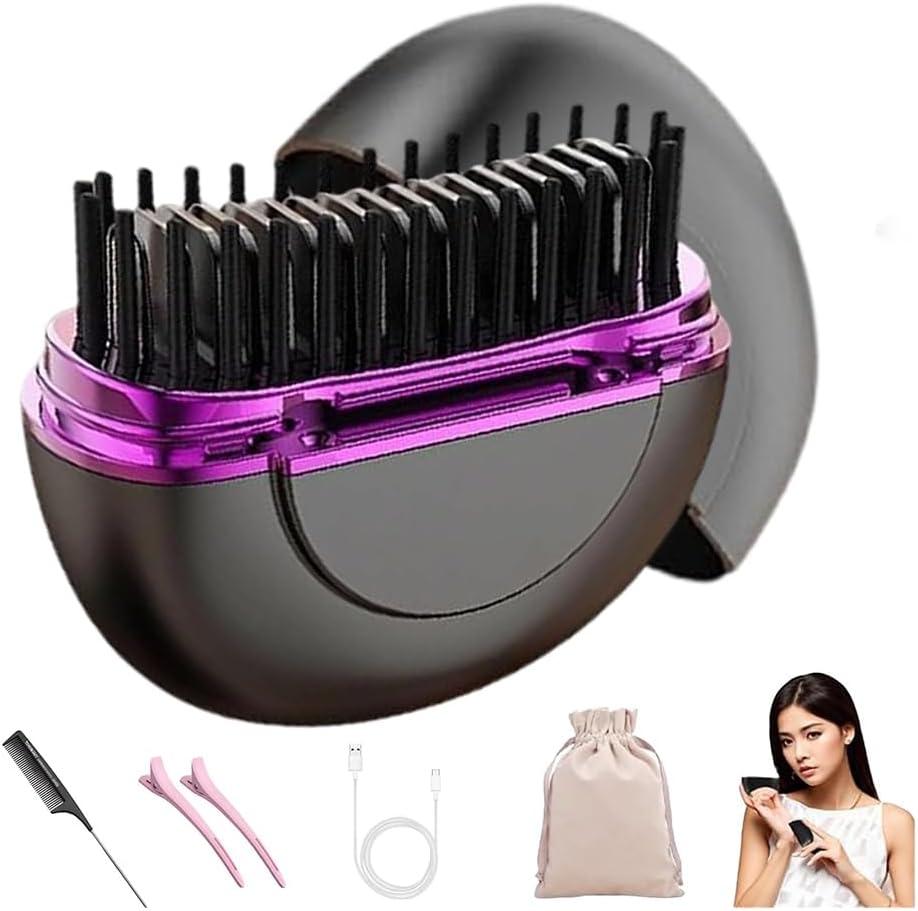 Mini Straightener Brush,Rechargeable Portable Hair Straightener Comb with 3 Temperature Settings,Fast Heating Anti Scald Flat Iron for Travel and Home Use (Purple)