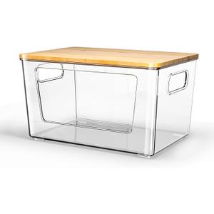 Trash Bag Holder with Bamboo Lid, Stackable Acrylic Trash Bag Dispenser Roll Holder Under Sink, Plastic Container Garbage Bags Storage Organizer for Kitchen, Pantry, Laundry Room Organization