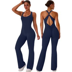 TDIFFUN Flare Workout Jumpsuits for Women One Piece Sleeveless Scrunch Butt Lifting Gym Bodysuit Sexy Backless Yoga Outfits (M)