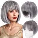 CROWN GUIDE Short Bob Hair Toppers for Women Thinning Hair 10 Inch - 360 3D Cover Wispy Bangs Hair Pieces for Women, Synthetic Hairline Wigyy Wig Topper with Bangs - Ash Grey Blend