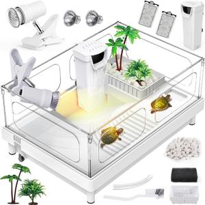 Small Turtle Tank Kit(Tank+Light+Filter), Acrylic Turtle Tank Starter Kit with Bask Platform, Bottom Drain, Multi-Function Area for Small Reptiles (White)
