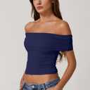 QINSEN Womens Off The Shoulder Tops Double Lined Short Sleeve T Shirts Slim Fitted Stretchy Crop Top (Blue, M)