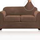 PrinceDeco Velvet Couch Cover Loveseat Covers for 2 Cushion Couch 3 Piece Sofa Covers for Dogs Washable Loveseat Covers Width Up to 72 Inch No Slip Stretch Sofa Slipcover(Medium, Caramel)