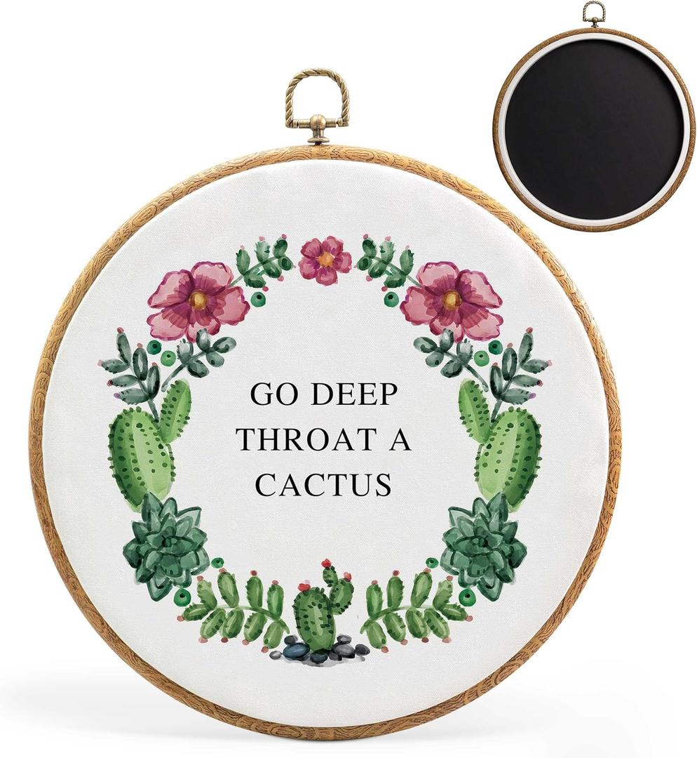 Botanical Cactus Wreath Wall Art Decor, Go Deep Throat A Cactus Wall Decor, Funny Sayings Wall Decor, 10x10"Round Canvas Framed Wall Art, Hanging Wall Decor for Living Room Bedroom Farmhouse