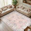 jinchan Fiora 8x10 Area Rugs for Living Room - Machine Washable Vintage Floral Distressed Design Stain Resistant Boho Carpet Low Pile Non-Slip Rug for Bedroom Dining Room Home Office (8‘x10', Pink)