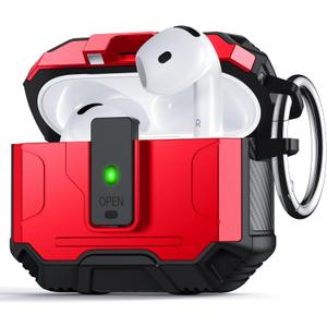 for AirPods 4 Case Cover [Safety Lock] [Magnetic One-Click Open] [Military Shockproof Armor] Double Rugged Outdoor Wireless Charging Case for AirPods 4th Generation with Keychain, Red