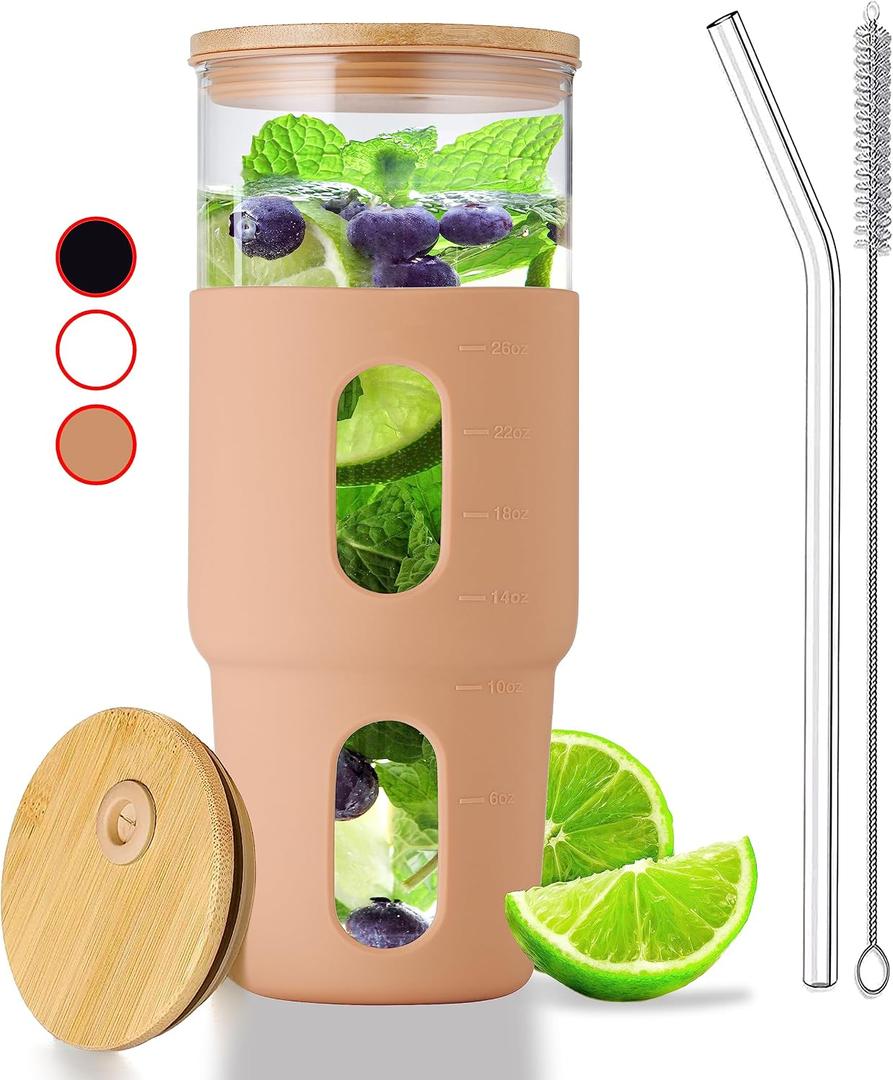 32oz Drinking Glass Tumbler with Bamboo Lid and Straw - Silicone Sleeve - Fits Car Cup Holder - Reusable Boba Smoothie Cup, Spill Proof Travel Water Bottle, Iced Coffee Tumbler, BPA Free - Amber
