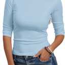 Meetrendi Women's Cute Summer Tops Boat Neck Half Sleeve Basic Tee Shirts Casual Fitted Spring Clothes (Blue, L)