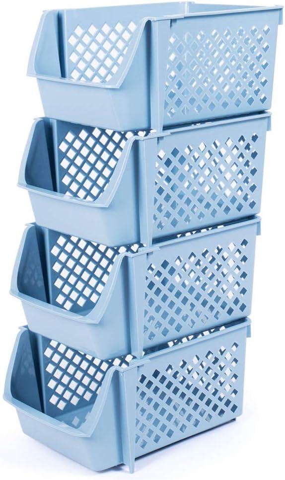 4Pcs Stackable Storage Basket Organizer for Food Snacks Toys Toiletries Plastic Storage Bins Blue