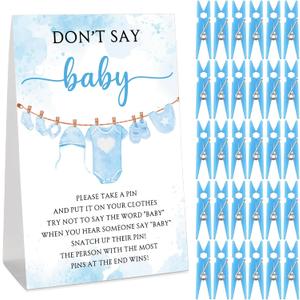 51 Pcs Baby Shower Games Supplies Include Blue Clothespins Don't Say Sign and 50 Plastic Clip Funny Baby Shower Party Decorations for Gender Reveal Favors