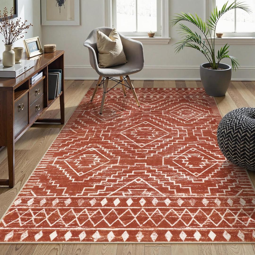 Wonnitar Moroccan 5x7 Area Rugs, Large Soft Rug for Dining Room, Washable Bohemian Tribal Living Room Bedroom Rug, Geometric Non-Shedding Indoor Carpet for Closet Nursery Entry (Brown,5'x7')