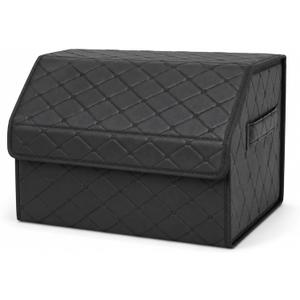 2Pack Leather Trunk Organizer for SUV & Sedans - Extra Large Foldable Car Storage Box with Lid, Adjustable Removable Dividers and Carry Handle, Collapsible Auto Cargo Organizer Black