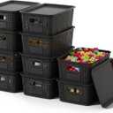 ORGIDOL Plastic Storage Basket with Lids 10 Pack Stackable Black Storage Bins Containers with Lid, Decorative Storage Boxes for Organizing Shelves, Drawers, Playroom, Classroom, Office, Closet